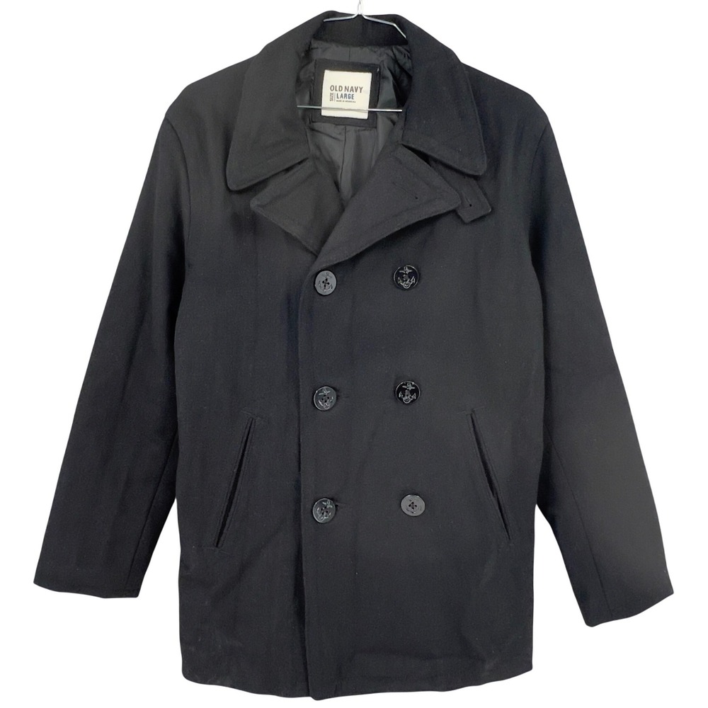 Old Navy Mens L Pea Coat Peacoat Black Wool Blend Double Breasted Anchor Buttons